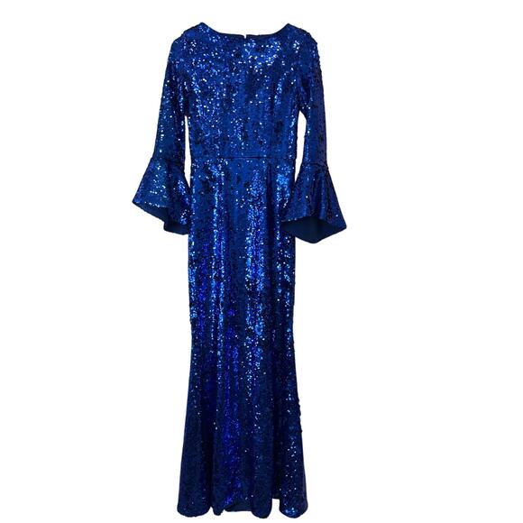 Alice + Olivia Jae Ultramarine Blue Sequin Bell Sleeve Gown Size 6 NWT - Picture 4 of 16